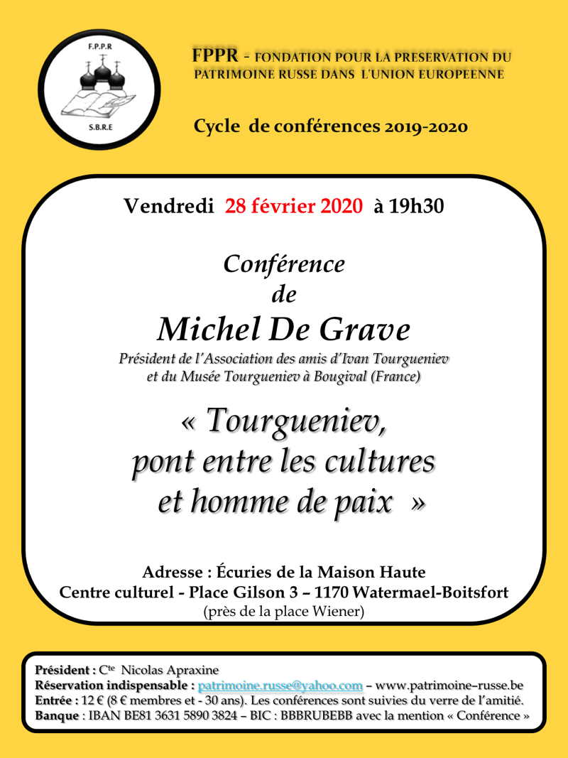 Affiche Conférence FPPR. Ivan Tourgueniev, pont entre les cultures et homme de paix, par Michel De Grave. 2020-02-28